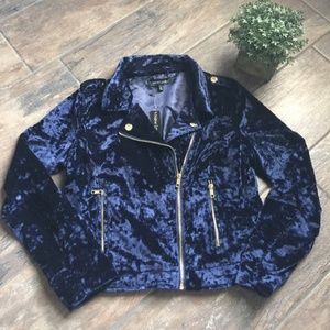 Blue crushed velvet bomber jacket